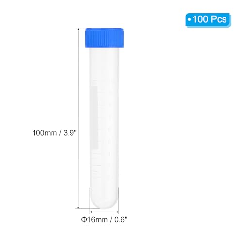 PATIKIL 10ML Plastic Centrifuge Tubes, 100 Pcs Round Bottom Centrifuge Tube with Blue Screw Caps and Graduated Marks Writing Area for Laboratory Liquid