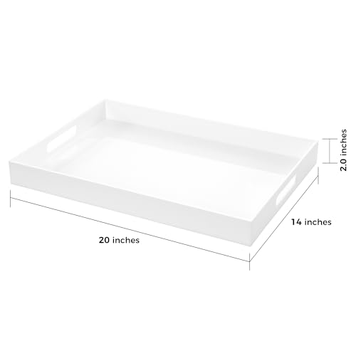 White Rectangular 14x20 Inches Acrylic Ottoman Tray Decorative Serving Tray with Cutout Handles Organizer Tray on Coffee Table Countertop Big Breakfast Bed Tray Living Room Appetizer Serving Food - color: White, size: 20" x 14" x 2"