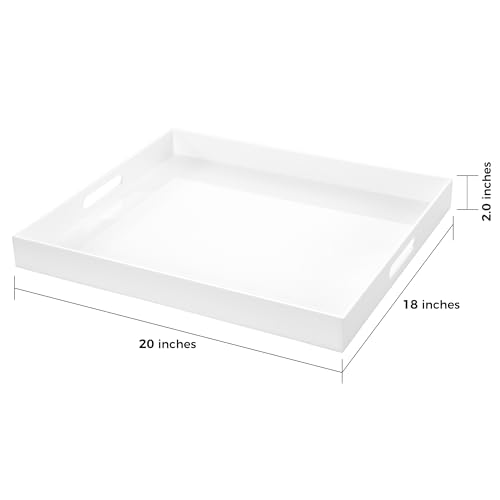 White Rectangular 18x20 Inches Acrylic Ottoman Tray Decorative Serving Tray with Cutout Handles Organizer Tray on Coffee Table Countertop Big Breakfast Bed Tray Living Room Appetizer Serving Food - color: White, size: 20" x 18" x 2"