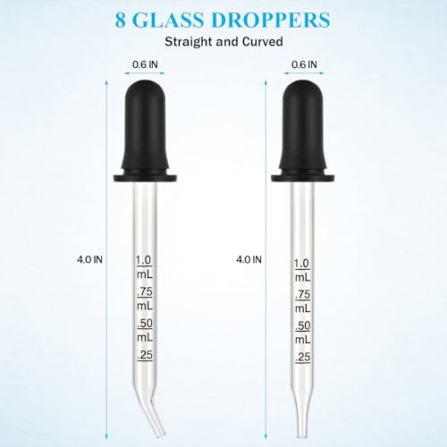 Eye Dropper 8 Pcs, 1mL Glass Liquids Pipette Dropper Tool with Measurement-Bent & Straight Tips, for Essential Oils Crafts Ear Lab Measuring Transferring Liquids Herain - size: Large Rubber Bulb-8pcs-Bent Straight