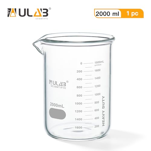 ULAB Griffin Low Form Glass Beaker, Vol.2000ml, 3.3 Borosilicate Glass, Printed Graduation, UBG1020 - style: Vol.2000ml, Pack of 1