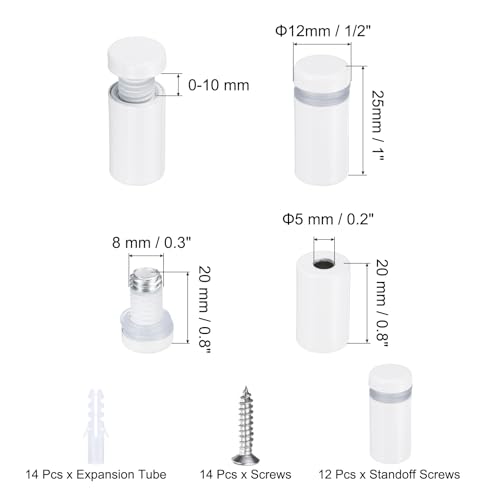 uxcell 12 Pcs 1/2" x 1" Standoff Screws Stainless Steel Wall Mount Sign Mounting Hardware Kit with 14pcs Screws for Hanging Acrylic Glass Signs Advertising Boards, White - color: White, size: 1/2" x 1"