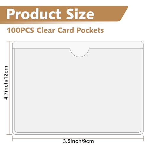 100 Pcs Clear Adhesive Pockets, Plastic Adhesive Label Pockets, Self Adhesive Index Card Pockets with Top Open for Loading, 4.8"x3.6" Self Adhesive Label Holders for Organizing Bins, Box, Totes