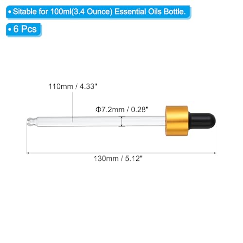 Glass Eye Dropper Caps, 6 Pcs Anodized Aluminum Glass Dropper Closure Top for 100ml(3.4oz) Essential Oils Bottle, Perfume, Lab Experiments, Gold Tone