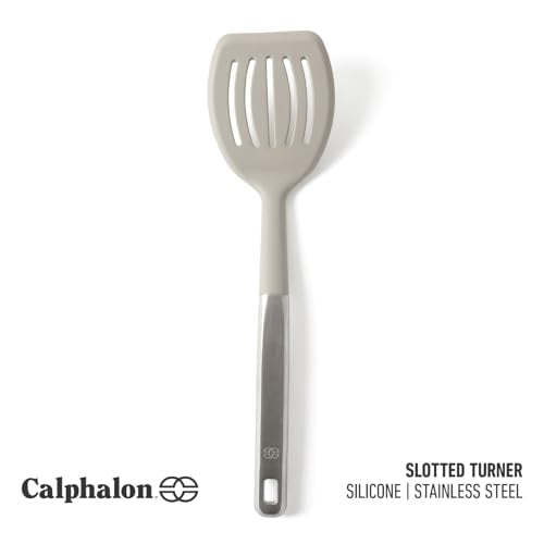 Calphalon Prime Slotted Turner, Kitchen Flipping Spatula, Slotted Spatula with Silicone Head and Stainless Steel Handle, Heat Resistant Nonstick Cookware for Flipping and Draining (Taupe) - color: Taupe III, size: Slotted Turner