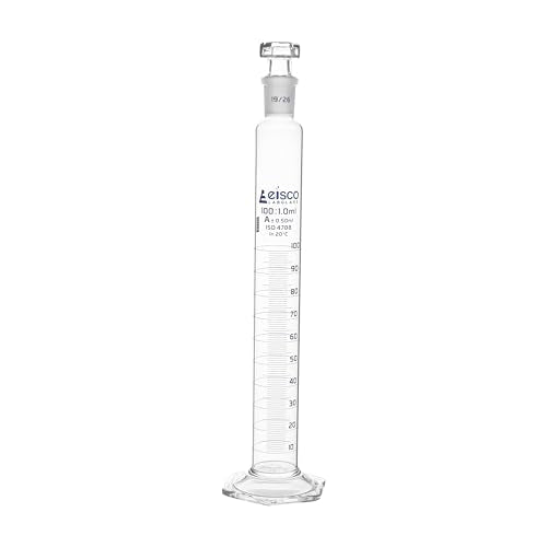 EISCO Graduated Cylinder, 100mL - Class Tolerance ±0.50mL - 19/26 Polypropylene Stopper - Hexagonal Base, Blue Graduations - Borosilicate Glass