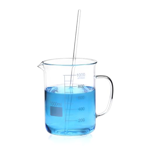 QWORK 2 Pack 1000ml Borosilicate Glass Beaker with Handle, & 10 Pcs 12" Science Glass Stir Rods, High Temp & Chemical Resistant, Smooth Ends, Precise Scale, for Laboratory and Chemical Use