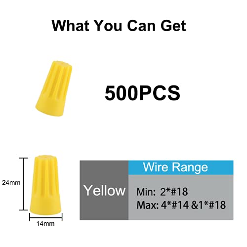 Wire Conectors Nuts,Wire Twist 500 PCS Yellow Electrical Screw Springs Caps Terminals Stainless Assortment Set Wire Connectors AWG 22-10 - color: Yellow