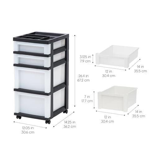 IRIS USA 4-Drawer Rolling Storage Cart with Organizer Top, Black/Pearl