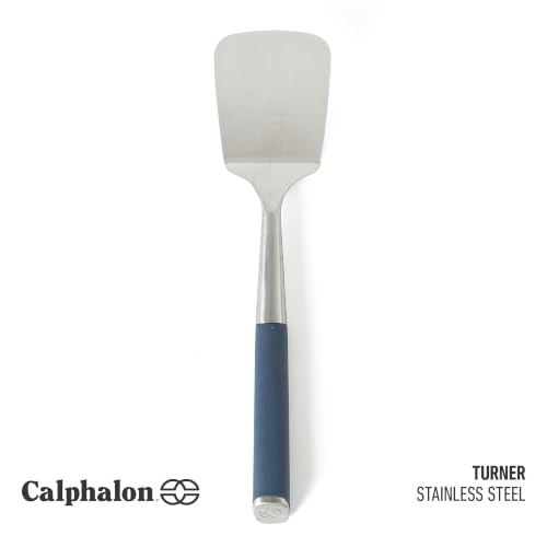 Calphalon Solid Turner, Cooking Spatula, Kitchen Spatula, Stainless Steel Turner with Silicone Heat Resistance Handle, Nonstick-Safe Spatula with Ergonomic Handle (Navy) - color: Navy Blue I, size: Turner