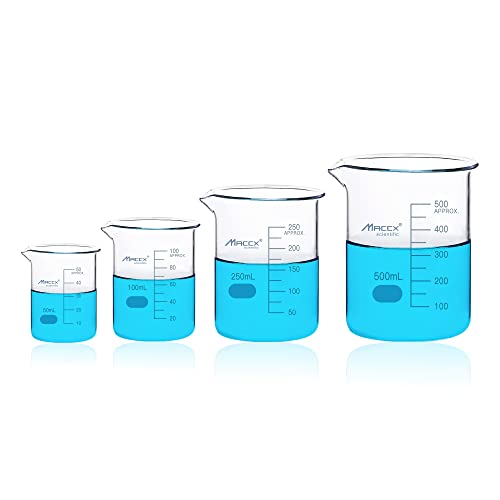Sturdy Glass Beakers, 4 Sizes of 50ml 100ml 250m 500ml,3.3 Borosilicate Griffin Low Form with Printed Graduation, BKLS03-004 - style: Vol.50ml 100ml 250ml 500ml