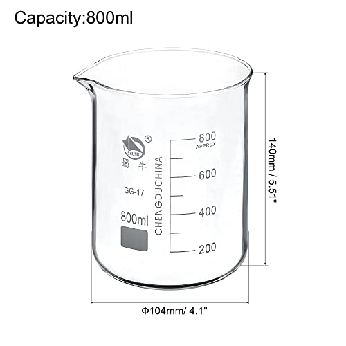 PATIKIL 800ml Low Form Glass Beaker, 2 Pack 3.3 Borosilicate Glass Graduated Printed Scale Measuring Cups with Spout for Kitchen Lab Liquids Transit Boiling - size: 800ml