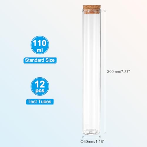 PATIKIL 110ml Test Tubes, 12pcs 7.87x1.18 Glass Clear Flat Bottom Test Tube Containers with Cork Stopper for Bead Party Candy Bath Salt Storage Scientific Experiment Plant Propagation - size: 110ml
