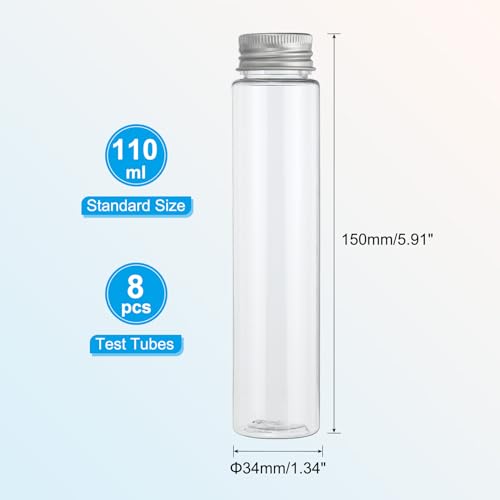 PATIKIL 110ml Test Tubes, 8pcs 5.91x1.34" Plastic Clear Flat Bottom Test Tube Containers with Caps for Bead Party Candy Bath Salt Storage Scientific Experiment Plant Propagation, Silver