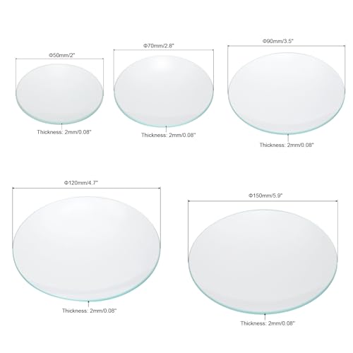 PATIKIL 50mm/70mm/90mm/120mm/150mm Diameter Watch Glass, 1 Set High Transparent Smooth Edges Chamfered Arc Cover Lids for Beakers&Flasks, Evaporation Dish, Laboratory Supplies