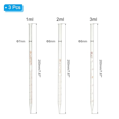 PATIKIL Graduated Dropper Pipettes Kit, 3 Pack 1ml/2ml/3ml Borosilicate Glass Pipette with Rubber Squeeze Bulb for Transfer Liquid for Lab, Chemistry - size: 1ml/2ml/3ml