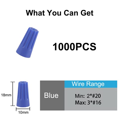 Wire Conectors Nuts,Wire Twist 1000 PCS Blue Electrical Screw Springs Caps Terminals Stainless Assortment Set Wire Connectors AWG 22-12 - color: Blue