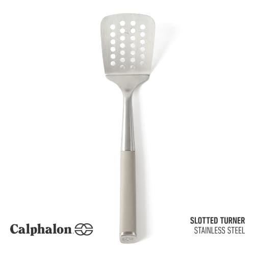 Calphalon Slotted Turner, Kitchen Flipping Spatula, Slotted Spatula, Stainless Steel Turner with Silicone Heat Resistance Handle, Nonstick-Safe Spatula for Draining and Flipping (Taupe) - color: Taupe I, size: Slotted Turner