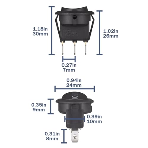 VEXUNGA Round Rocker Switch 3 Pin Circle Switches Square On Off On 6A 250V 10A 125V AC Black Round Toggle Switch Square for Car Marine Boat (Pack of 10pcs) - style: 10Pcs 3 Pin ON/OFF/ON - Black