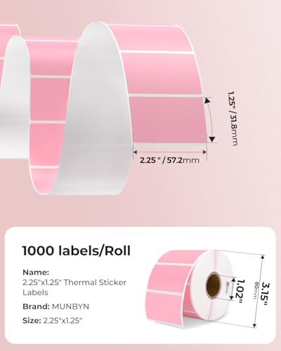 MUNBYN 2.25x1.25 Thermal Labels, 1000 Sheets/Roll, Pink - color: Pink, size: 2.25" x 1.25"