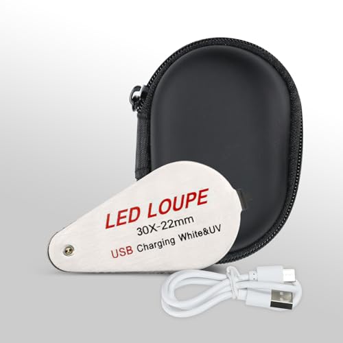 30X Loupe Magnifier USB Rechargeable 6 White and 6 UV Lights, 22mm Optical Lens Illuminated Pocket Foldable Eye Loupe Sewing Magnifying Glass for Watches, Coins, Currency, Stamps,Circuit Board