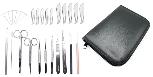 28 Piece Complete Dissection Kit with Dissecting Scissors, Forceps, Scalpels, Teasing Needles, Probes, and Deluxe Leather Case
