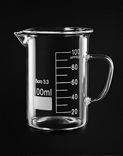 QWORK Beaker with Handle, 100ml Measuring Cup, Borosilicate Glass,Beaker Mug with Pouring Spout, 2 Pack - size: 100 ml (Pack of 2)
