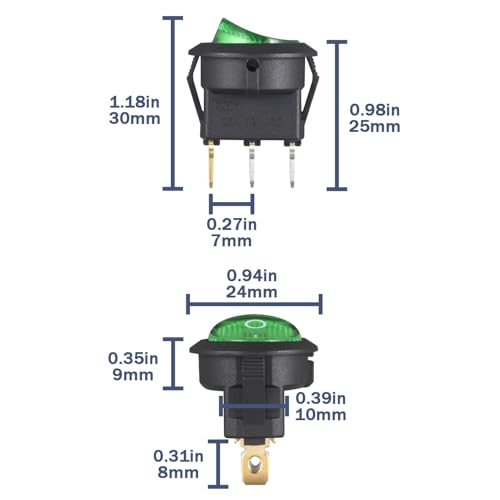 VEXUNGA Round Rocker Switch 12V 20A Green Light Iluminated Small Rocker Switch On Off 3 Pin Circle Square Toggles Switches for RV Car Truck Boat (Pack of 5pcs) - style: 5Pcs 3 Pin ON/OFF - Green