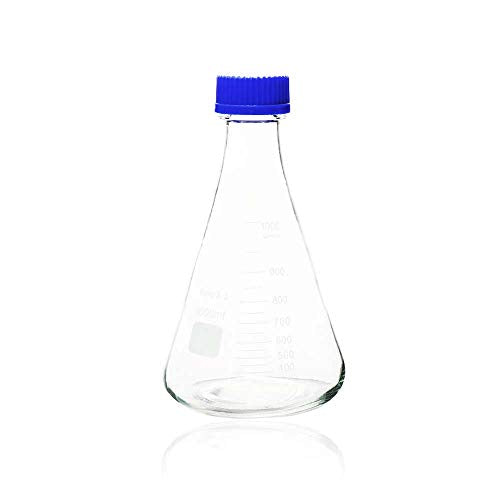 ULAB Scientific Erlenmeyer Flasks with Blue Screw Cap, 34oz 1000ml, 3.3 Borosilicate with Printed Graduation, Pack of 2, UEF1021 - style: Vol. 1000ml, Pack of 2