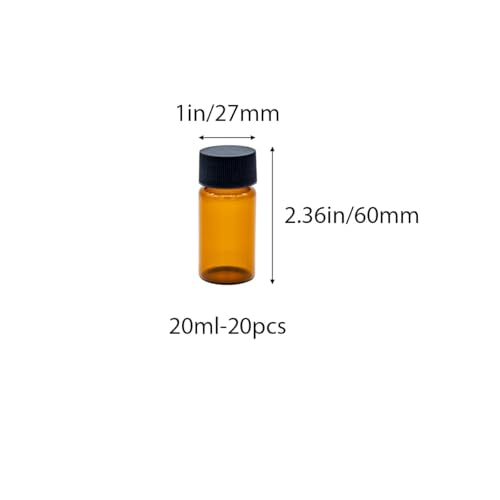 20pcs 20ml Glass Sample Vials, Liquid Sampling Small Glass Bottle Storage Container with PE Liners Black Screw Caps Leak-Proof for Essential Oil, and Specimen Samples, Brown - color: Brown, size: 20ml