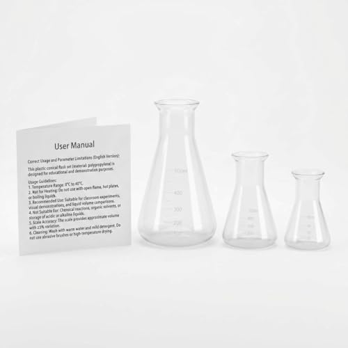 QWORK Plastic Conical Flask Set 50ml 100ml 500ml – Semi-Transparent Lab Flask for Teaching, Demonstration & Display