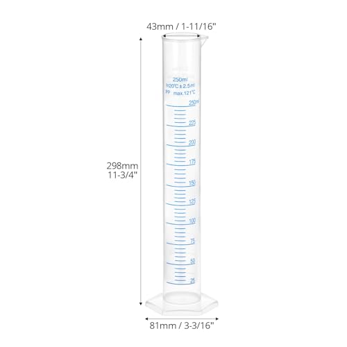 QWORK 6-Pack Plastic Graduated Cylinders, 250ml Science Hydrometer Test Tube Cylinder, Dual Marking Lines, Measuring Cylinder with Pour Spout