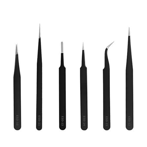 6 pcs Precision Tweezers Set, ESD Tweezers Set, Anti-Static Stainless Steel Tweezer for Electronics Craft Repair Jewelry Making Repair Tweezer Kit(Black)