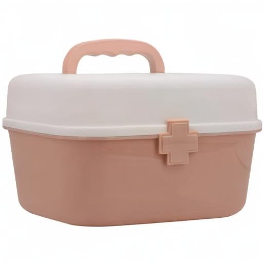 Plastic First Aid Storage Box Container Bin with Removable Tray and Portable Handle, Family Emergency Medicine Kit Case Organizer, White&Pink - color: white&pink