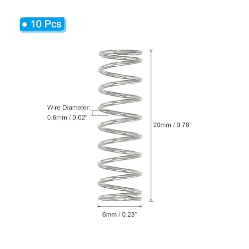 PATIKIL Compression Spring, 0.6mm Wire Dia x 6mm OD x 20mm L, 10 Pcs 304 Stainless Steel Mechanical Extension Small Springs Pen Springs Assortment Kit for Shop and Home Repairs - size: 0.6x6x20mm