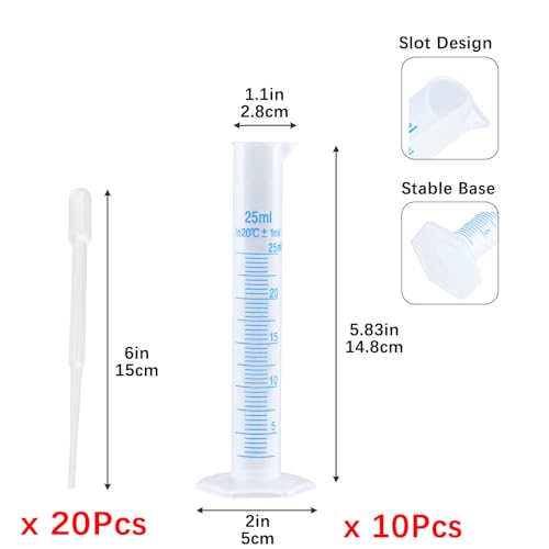 Geesatis 25ML Plastic Graduated Cylinder(10) and 2 ML(20) Plastic Droppers - size: 25ml, style: 10Pcs(and 20Pcs 2ml Plastic Droppers)