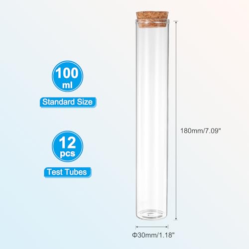 PATIKIL 100ml Test Tubes, 12pcs 7.09x1.18 Glass Clear Flat Bottom Test Tube Containers with Cork Stopper for Bead Party Candy Bath Salt Storage Scientific Experiment Plant Propagation - size: 100ml