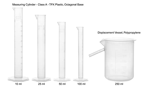EISCO Graduated Cylinder Set - 10mL, 25mL, 50mL & 100mL + 250mL Displacement Vessel - Class B Tolerance - Octagonal Base - Polypropylene Plastic - Industrial Quality, Autoclavable