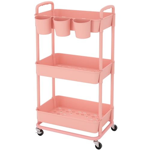 JIUYOTREE 3-Tier Plastic Rolling Storage Cart Utility Cart Pink - color: Pink, size: 3-Tier