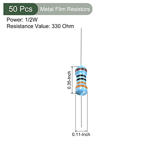 YOKIVE 50 PCS Metal Film Resistors, 330 Ohm Resistor with 1/2W 1% Tolerance, Lead, Good for DIY Electronic Projects (5 Color Bands, 9±1mm) - size: 9±1mm, style: 330