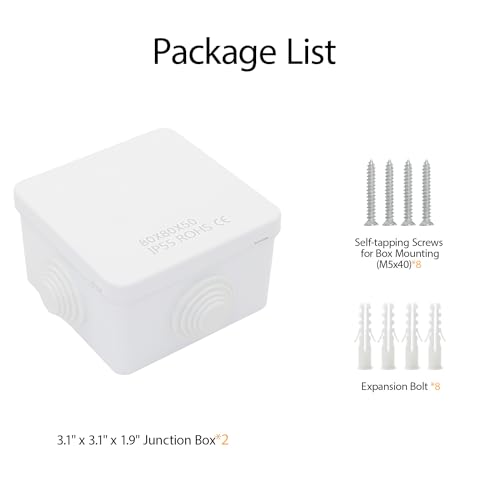 LeMotech Junction Box, ABS Plastic IP55 Water Resistant and Dustproof, Universal Electrical Enclosure, Outdoor and Indoor Project Box, Outer Size 3.1" x 3.1" x 1.9", White (Pack of 2) - size: 3.1" x 3.1" x 1.9" (2pc)