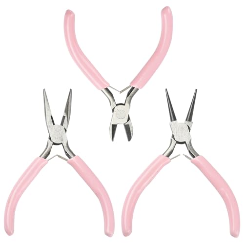 Jewelry Pliers Set (3-Piece) - Needle Nose Pliers, Round Nose Pliers & Wire Cutters for Jewelry Making, Repair, Wire Wrapping, Crafting - Professional DIY Tools (Pink) - color: Pink