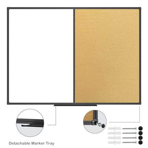 JILoffice White Board & Bulletin Corkboard Combination, Combo Board 48 x 36 Magnetic Whiteboard, Black Aluminum Frame Wall Mounted Board for Office Home and School with 10 Push Pins - size: 36" x 48", style: vertical