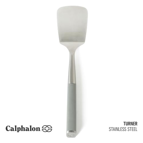 Calphalon Edge Solid Turner, Cooking Spatula, Kitchen Spatula, Stainless Steel Turner with Silicone Heat Resistance Handle, Nonstick-Safe Spatula with Ergonomic Handle (Taupe) - color: Taupe I, size: Turner