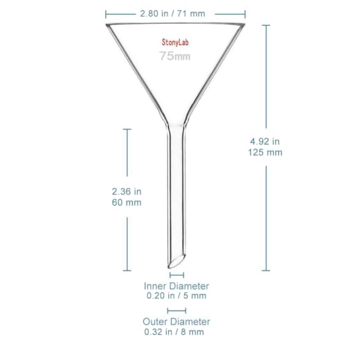 StonyLab 2-Pack Glass Heavy Wall Funnel Borosilicate Glass Funnel, Short Stem 75mm Diameter, 75mm Stem Length - size: D75-L75 mm