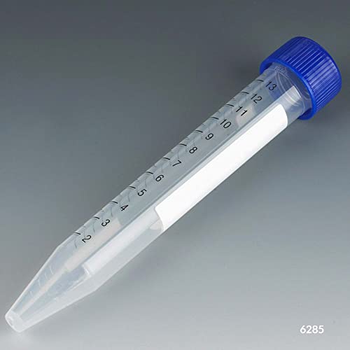 Globe Scientific 6285 Polypropylene Centrifuge Tube with Attached Blue Flat Top Screw Cap, Sterile, Printed Graduation, Bag Pack, 15mL Capacity (Case of 500)