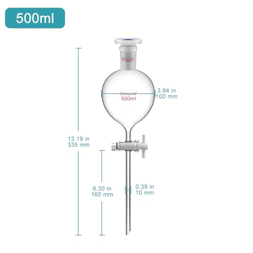 stonylab 500 mL Separatory Funnel with with 24/40 Joint & PTFE Stopcock, Borosilicate 3.3 Glass, Spherical Design for Liquid Extraction & Solvent Separation, Includes Plastic Stopper (1-Pack) - size: 500 ml