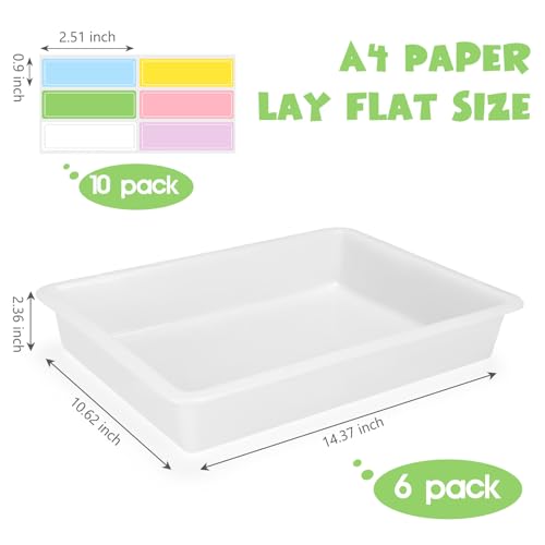 ShineMe Turn in Trays Classroom, 6 Pack White Paper Trays for Classroom with Colorful Labels, Thick Plastic Storage Bins for School, Office Organization, Letter Size Flat Storage Tray - color: White