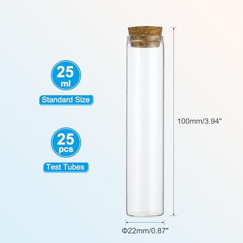 PATIKIL 25ml Test Tubes, 25pcs 3.15x0.87in Glass Clear Flat Bottom Test Tube Containers with Cork Stopper for Bead Party Candy Bath Salt Storage Scientific Experiment Plant Propagation