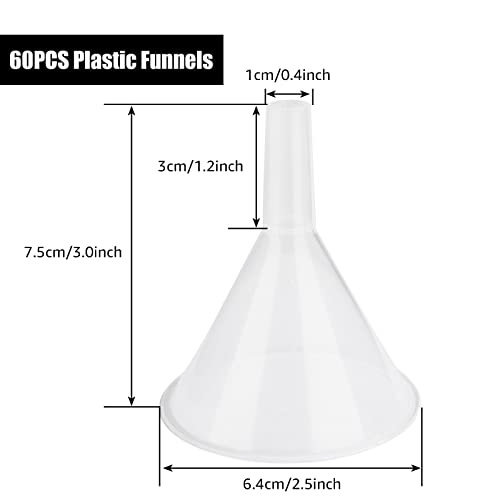 60 Piece Small Clear Funnels Set - 2.5" Wide, Bulk Plastic Funnels for Bottles, Lab, Oil & More